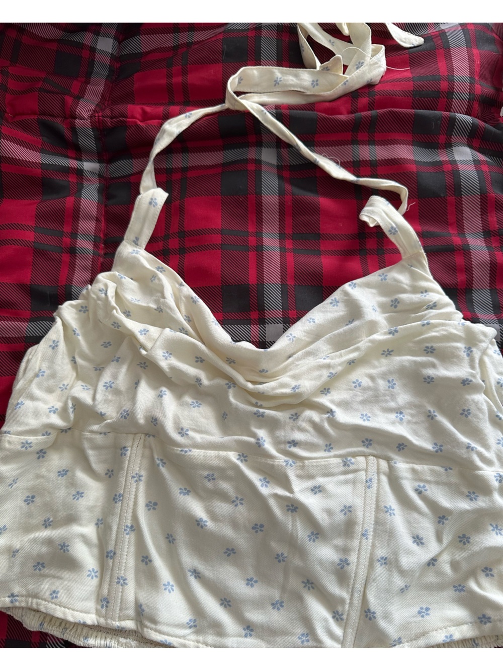 American Eagle Outfitters Cream Halter Cami with Pale Blue Floral Print